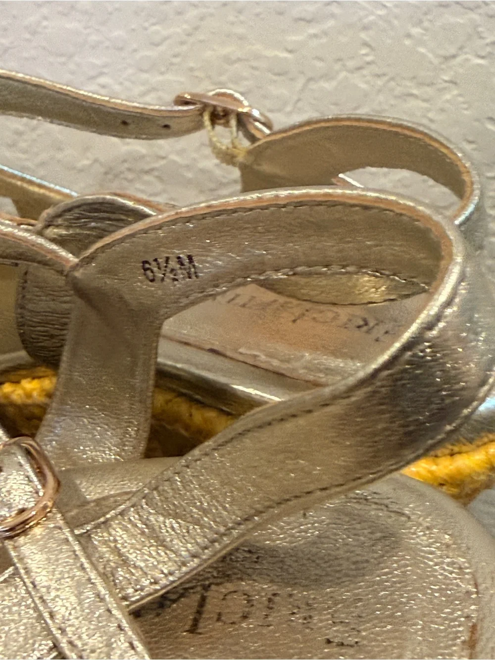 Eric Javits Metallic Gold Strappy Wedge Sandals with Colorful Espadrille Heel
